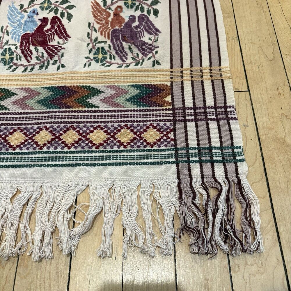 Handwoven Guatemalan Cotton Table Runner Quetzal Bird Design Textile Wall Art - Picture 5 of 14